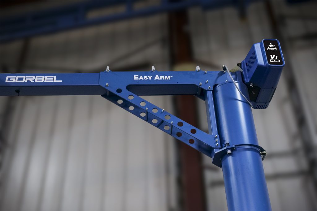 Detail eines blauen Gorbel Easy Arm mit G-Force Vi Plus Hebesystem.