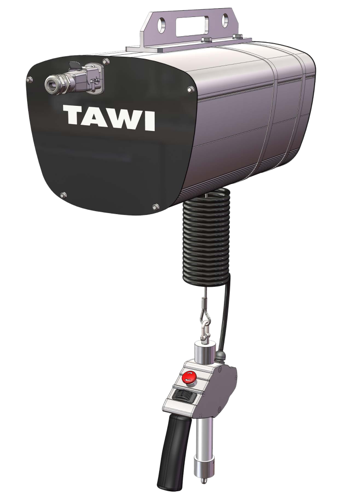 TAWI-Seilzug mit Handsteuerung vor weißem Hintergrund.