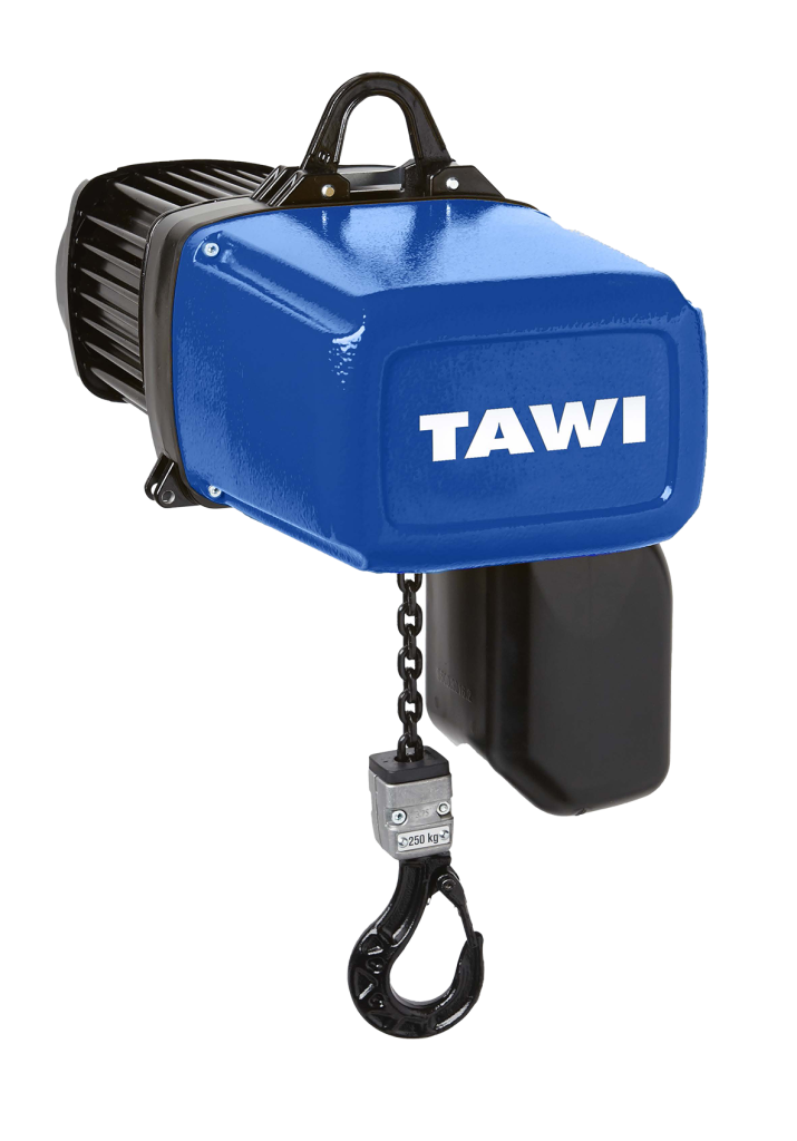 Blauer TAWI-Elektrokettenzug mit Lastkette und Lasthaken.